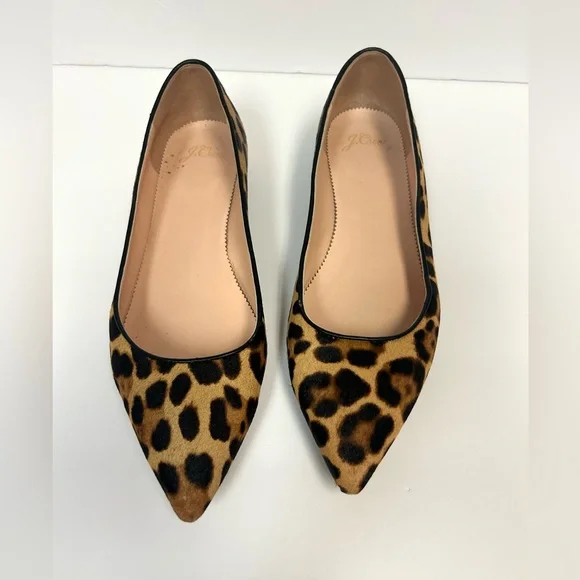 J Crew Leopard Print Shoes Women 9 Calf Hair Ballet Flats Pointed Toe Tan Brown - Picture 7 of 14